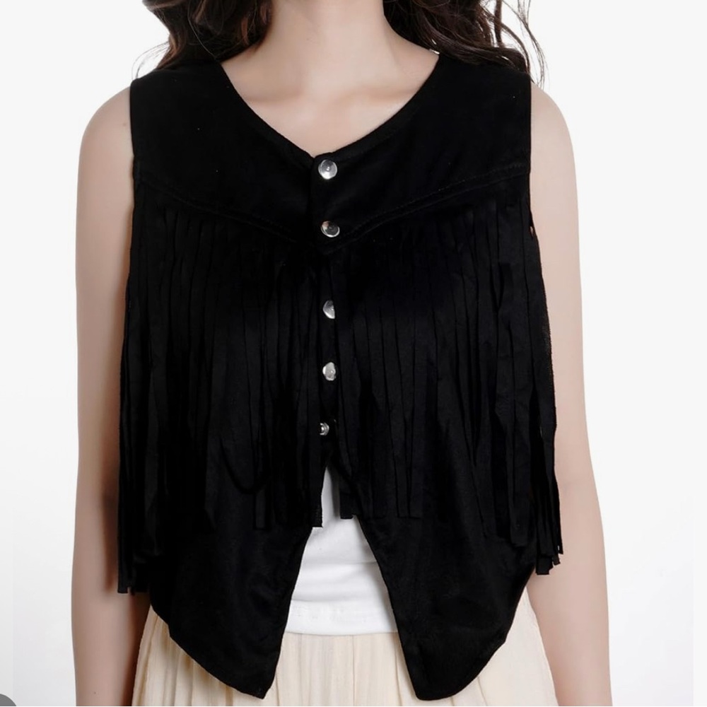 Amazon Essentials Black Button Down Fringe Top